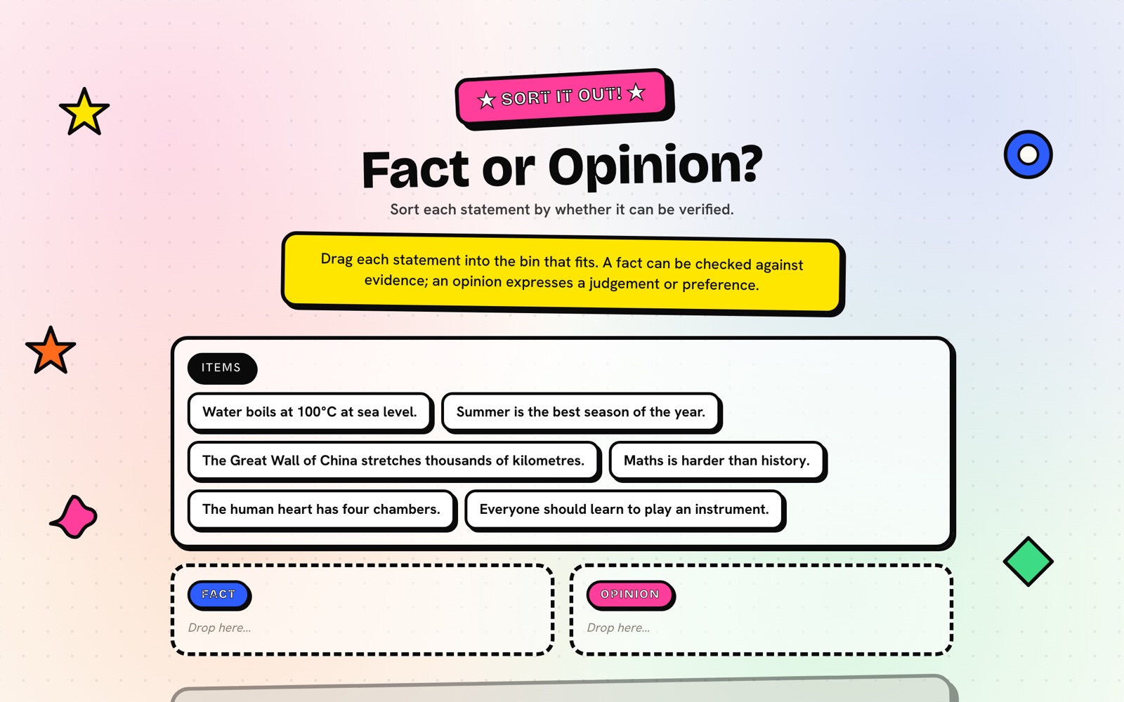 Fact or Opinion? — a drag-sort experience in the Hyperpop world